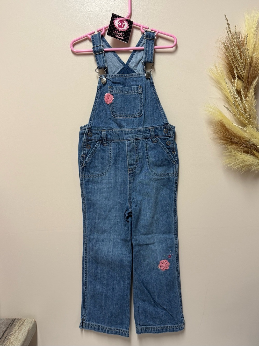 Girls Blue Denim Overalls with Pink Flower Embroidery